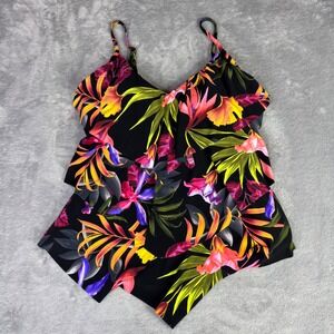 Magicsuit Tankini Top Womens 10 Black Tropical Floral Ruffle Tiered 6009444